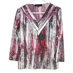 Jones New York Collection‎ Size PM Shirt Top Pink Gray V-Neck 3/4 Sleeve Stretch